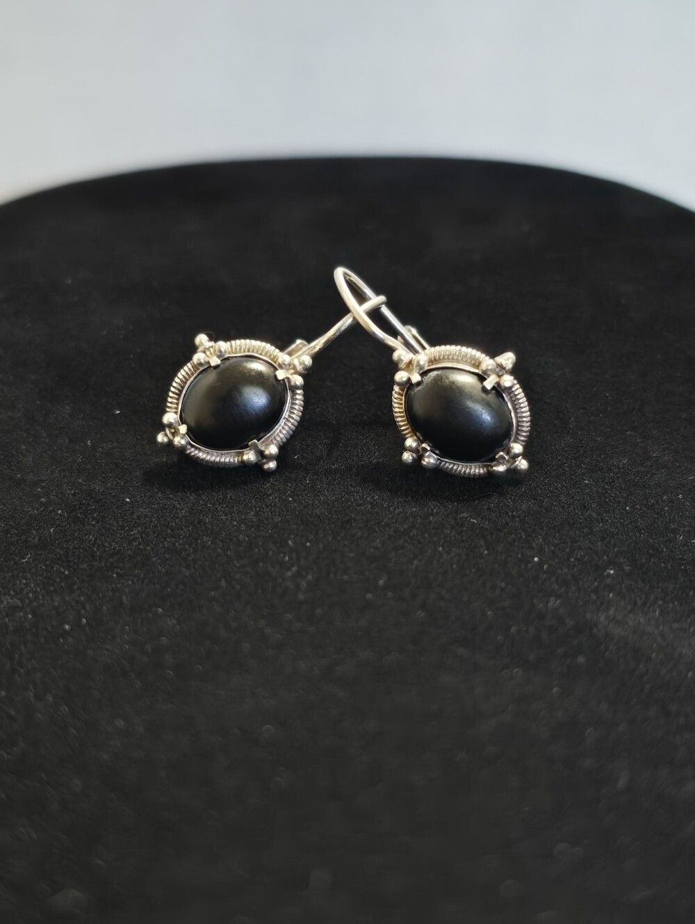 Vintage Sterling Silver Black Onyx Latch Back Drop Hook Earrings